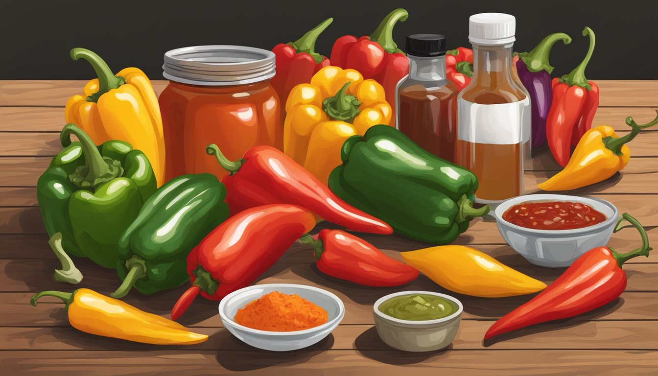 A variety of fresh, colorful peppers and other ingredients arranged on a rustic wooden table, with a bottle of Mikey vs Foods hot sauce in the center