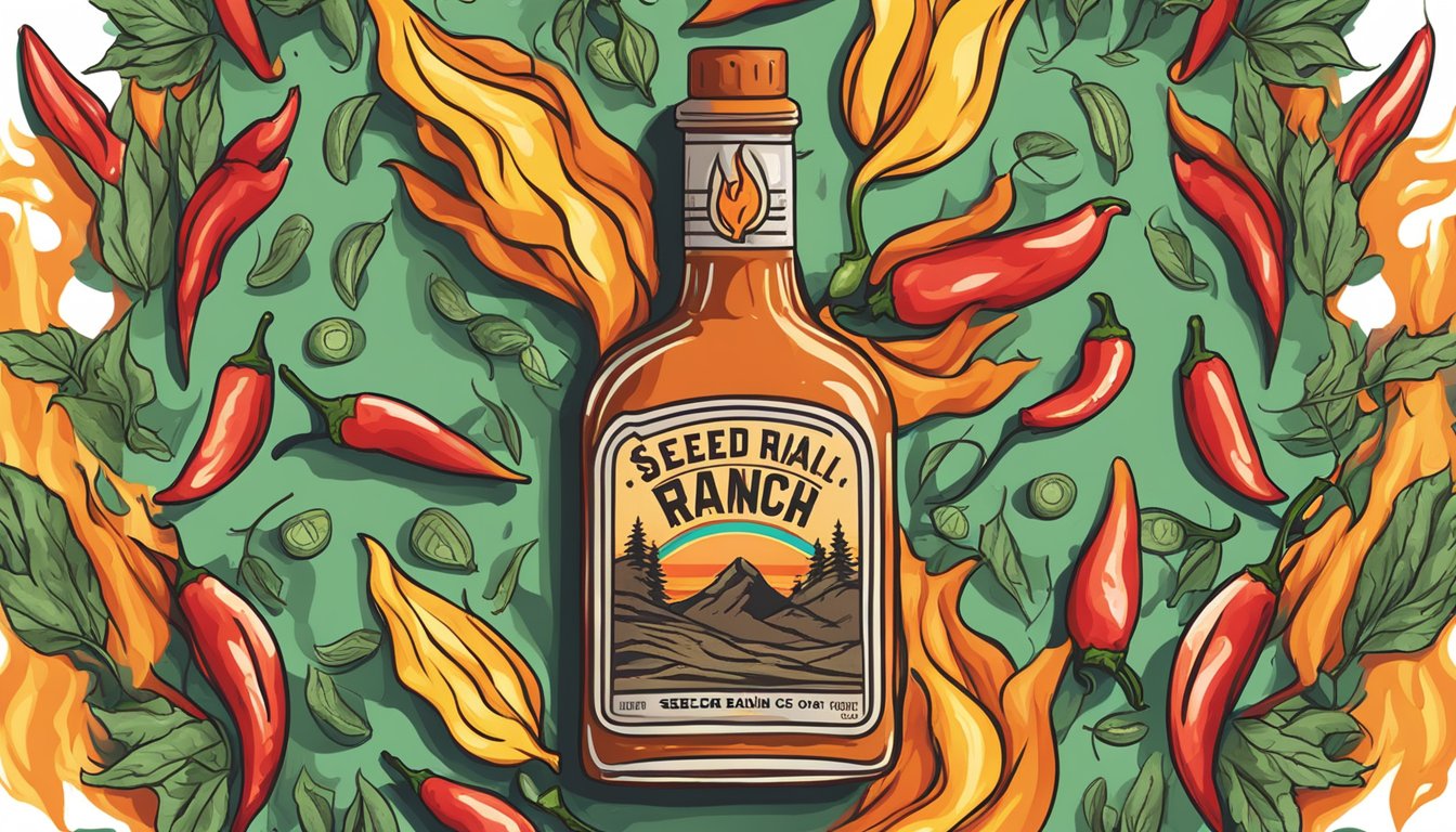 A bottle of Seed Ranch Flavor Co hot sauce with flames and chili peppers surrounding it