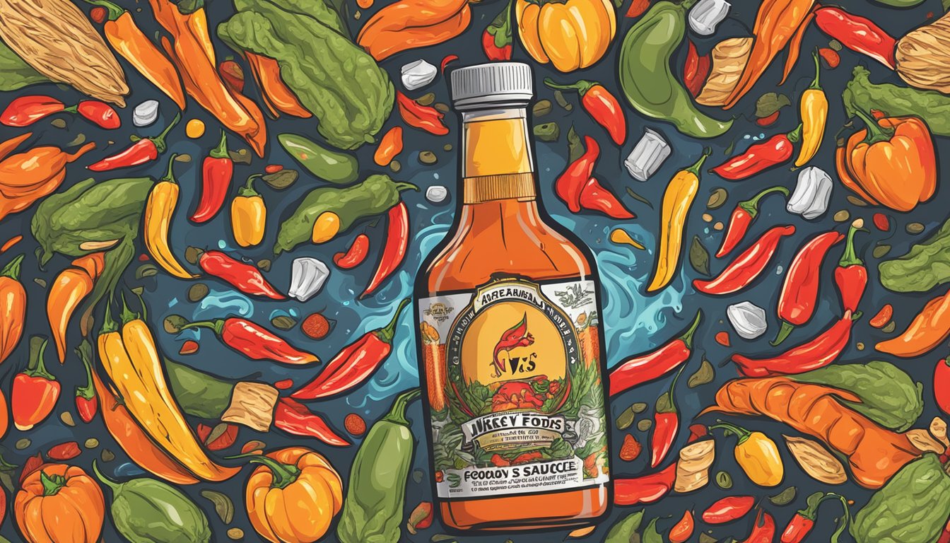 A bottle of Mikey vs Foods hot sauce surrounded by fiery chili peppers and swirling flavor notes