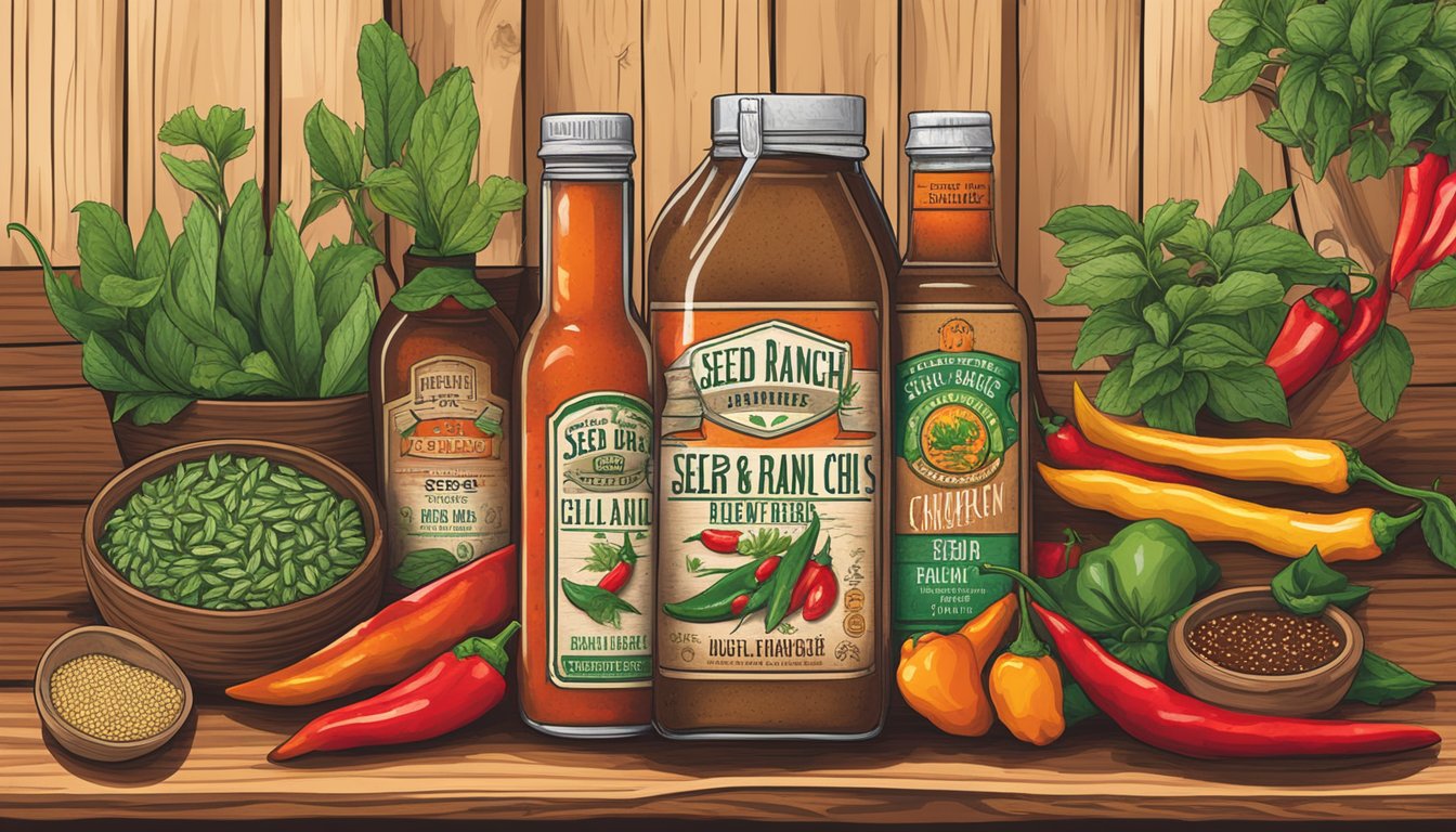 A rustic wooden table with a bottle of Seed Ranch Flavor Co hot sauce surrounded by vibrant chili peppers and fresh herbs