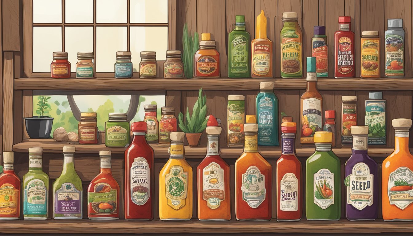 A collection of Seed Ranch Flavor Co hot sauces displayed on a rustic wooden shelf, surrounded by various gift ideas such as recipe books and cooking utensils