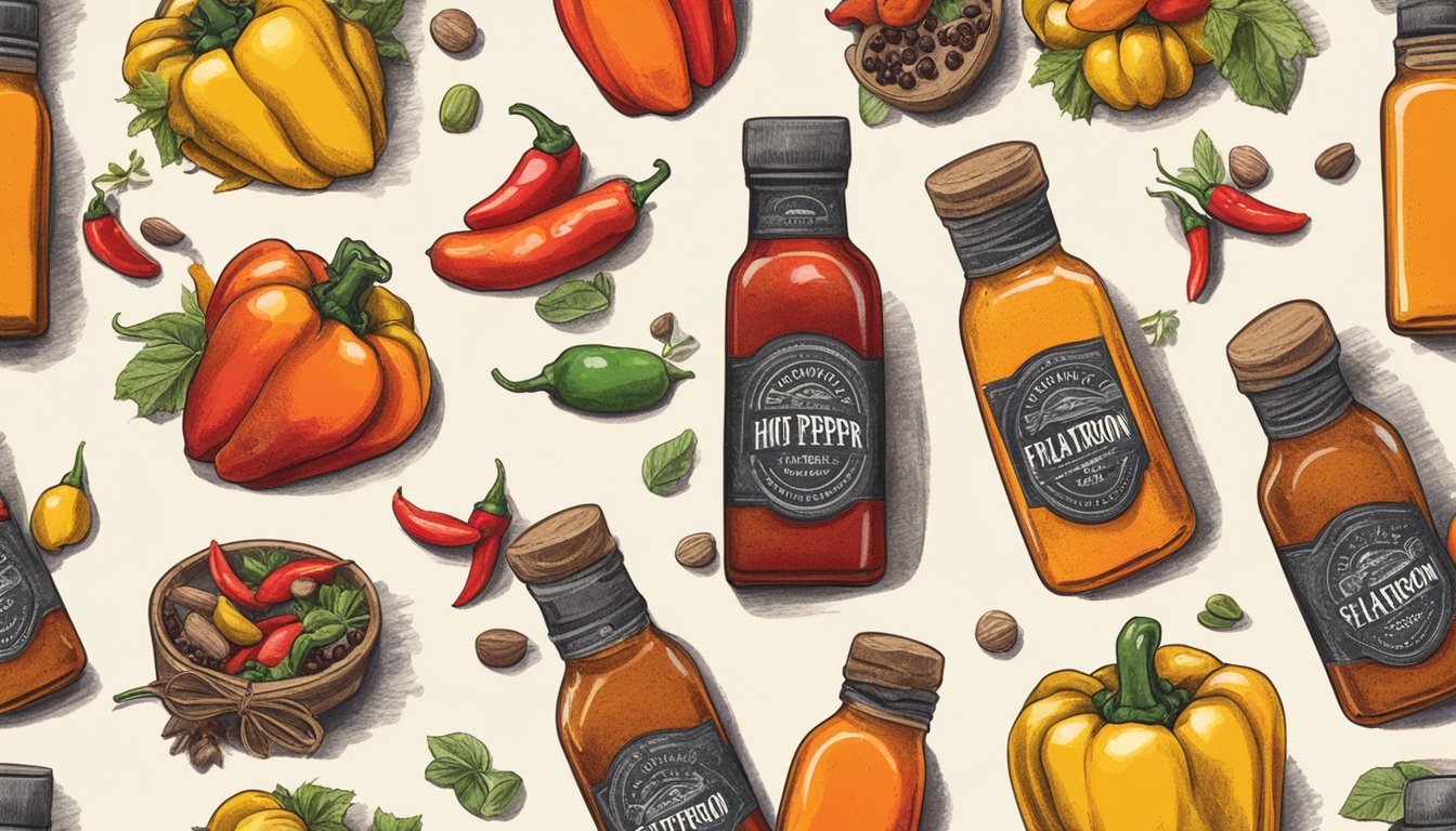 A rustic kitchen table with bottles of Flatiron Pepper Co hot sauce, surrounded by colorful peppers and spices