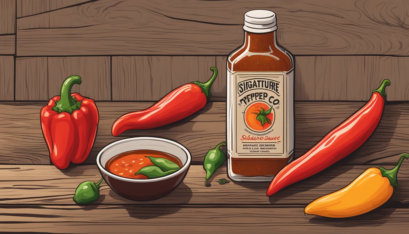 A bottle of Signature Products flatiron pepper co hot sauce on a rustic wooden table with scattered chili peppers and a drizzle of hot sauce