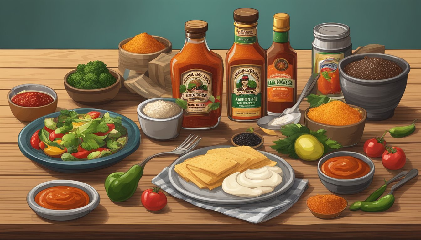 A rustic wooden table with a bottle of ancho amp morita hot sauce, surrounded by various ingredients and serving utensils