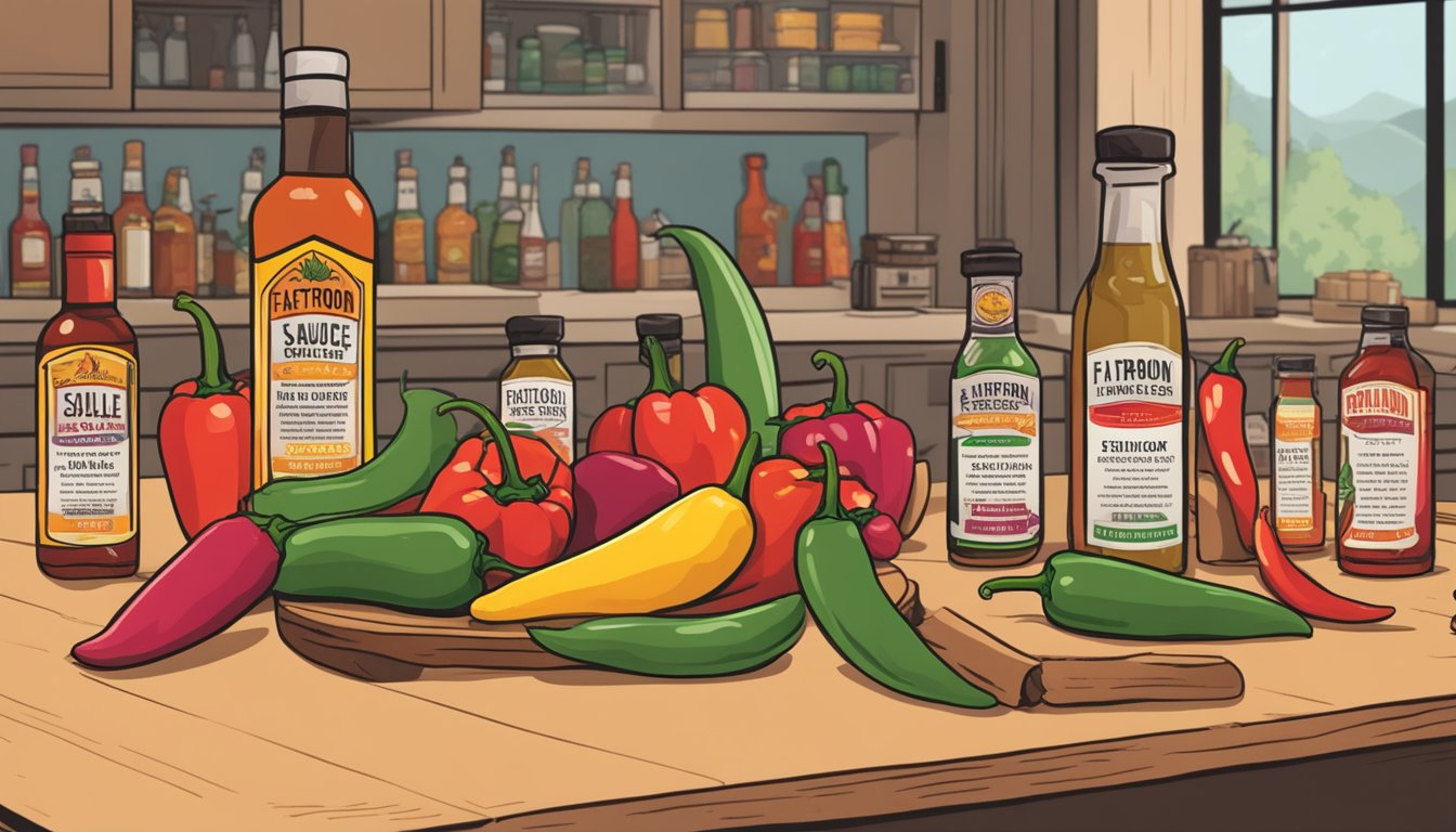 A table with a variety of hot peppers, a bottle of flatiron pepper co hot sauce, and a Scoville rating chart in the background