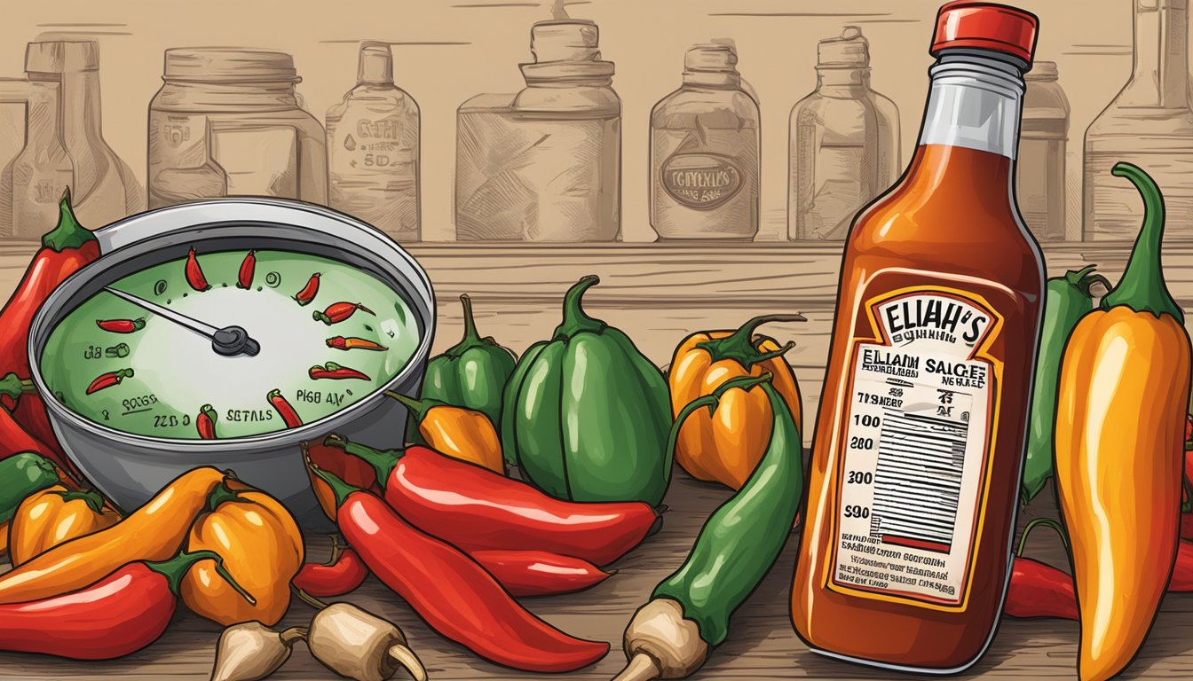 A bottle of Elijah's Xtreme hot sauce surrounded by chili peppers and a thermometer displaying a high temperature on the Scoville scale