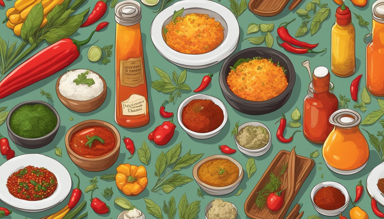 A table with various spicy foods, including hot sauce bottles and fresh peppers, surrounded by colorful herbs and spices