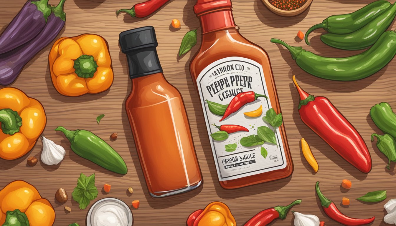 A bottle of Culinary Applications flatiron pepper co hot sauce on a wooden cutting board with a variety of fresh peppers and spices scattered around it