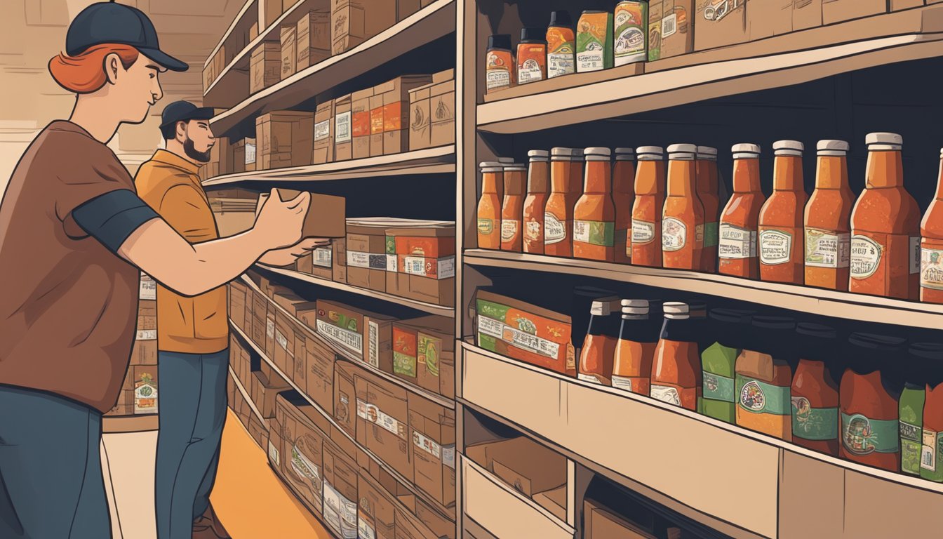 A hand reaching for a bottle of Flatiron Pepper Co hot sauce from a shelf, with shipping boxes in the background