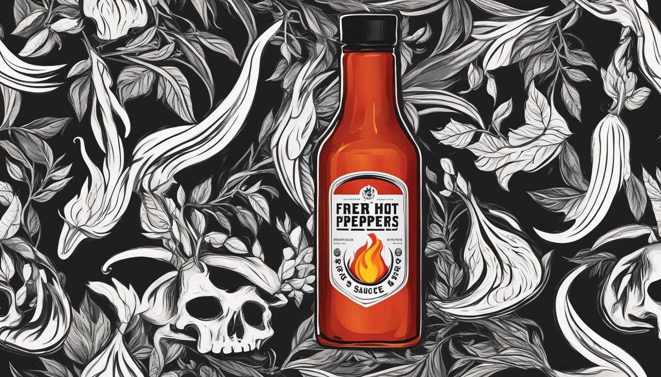 A fiery red hot sauce bottle stands against a black background, with bold branding and packaging featuring flames and chili peppers