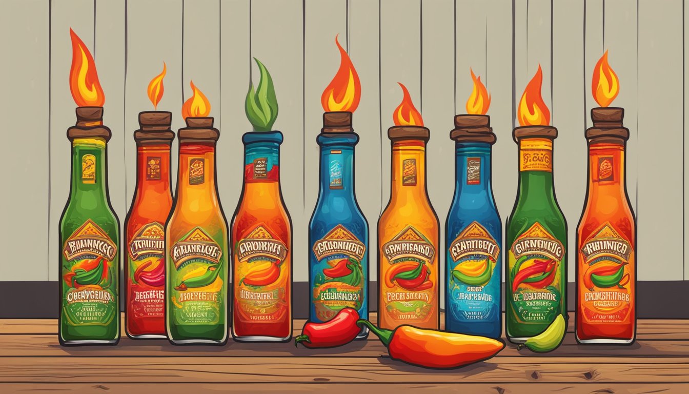 A colorful array of Gringo Bandito hot sauce bottles arranged on a rustic wooden table, surrounded by vibrant chili peppers and fiery flames