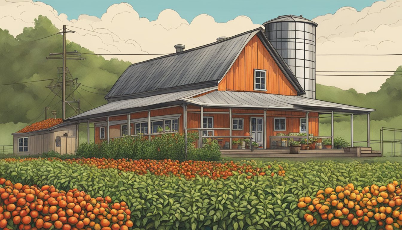 A rustic farmhouse with rows of vibrant pepper plants, a small hot sauce production facility, and a sign reading "Puckerbutt Pepper Company"