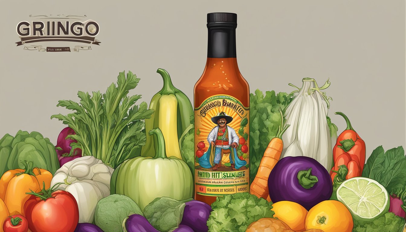 A bottle of Gringo Bandito hot sauce surrounded by fresh vegetables and fruits, with a nutrition label and dietary information displayed prominently