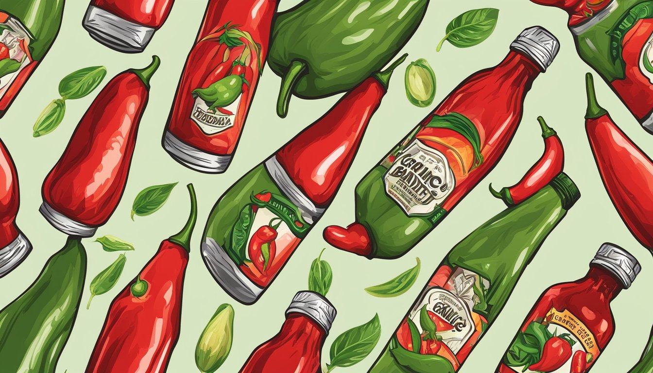 A bottle of Gringo Bandito hot sauce with a fiery red chili pepper design, surrounded by scattered green and red chili peppers