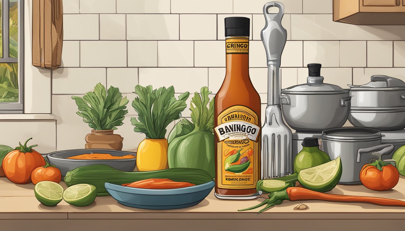 A bottle of Gringo Bandito hot sauce sits on a kitchen counter next to various cooking ingredients and utensils