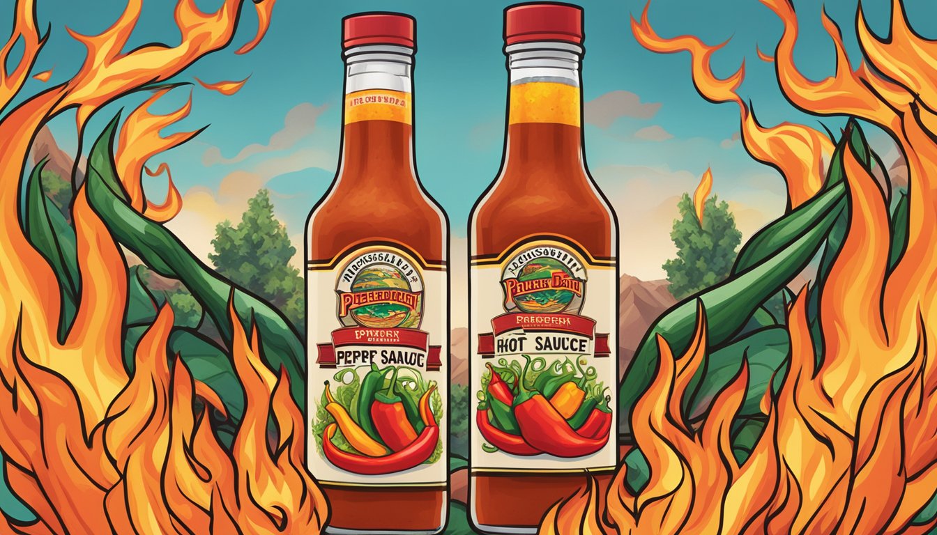 A bottle of Puckerbutt Pepper Company's flagship hot sauce surrounded by vibrant chili peppers and fiery flames