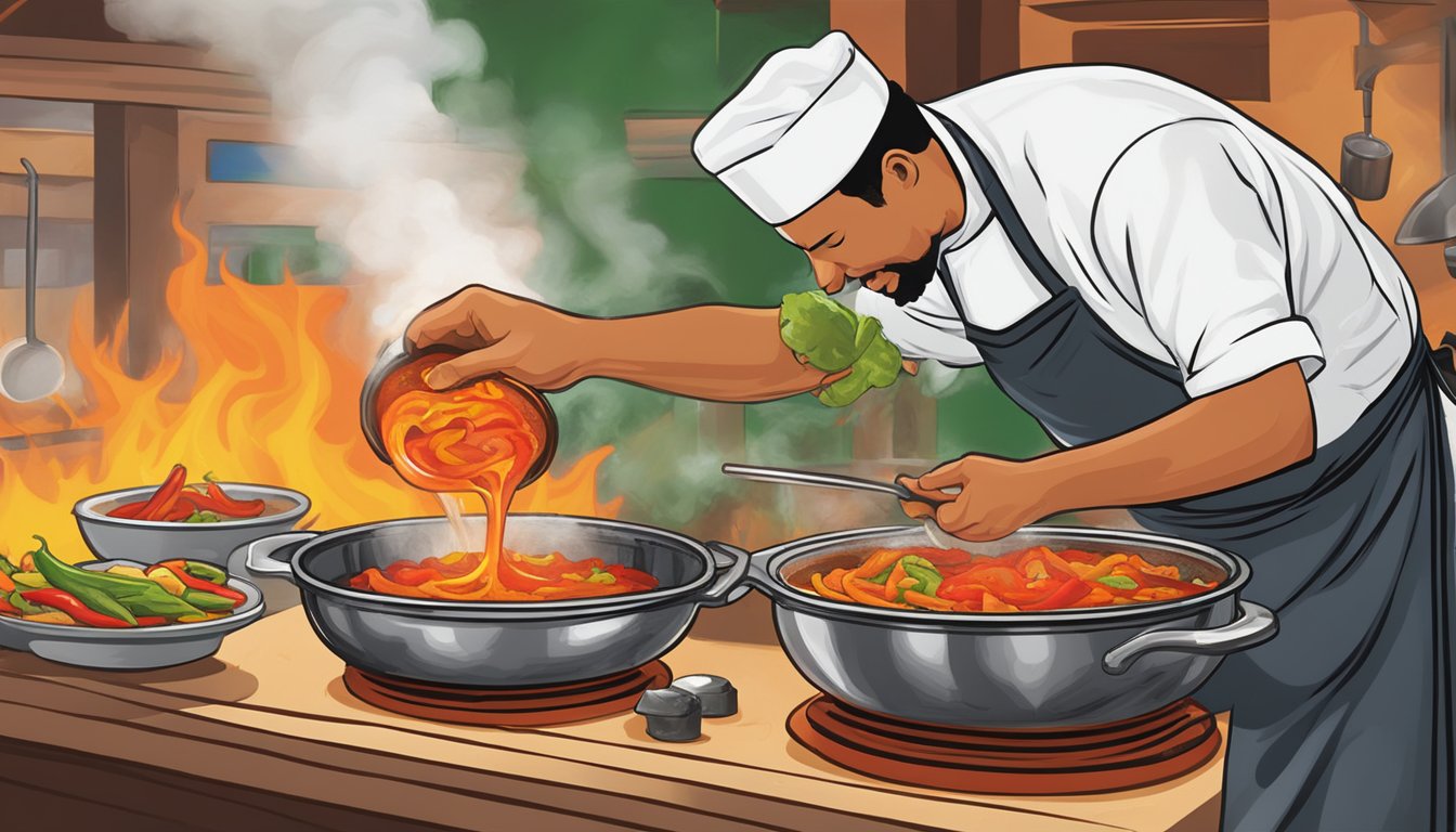 A chef pours Puckerbutt Pepper Company hot sauce onto a sizzling skillet of fajitas. The steam rises as the vibrant red sauce adds a spicy kick to the dish