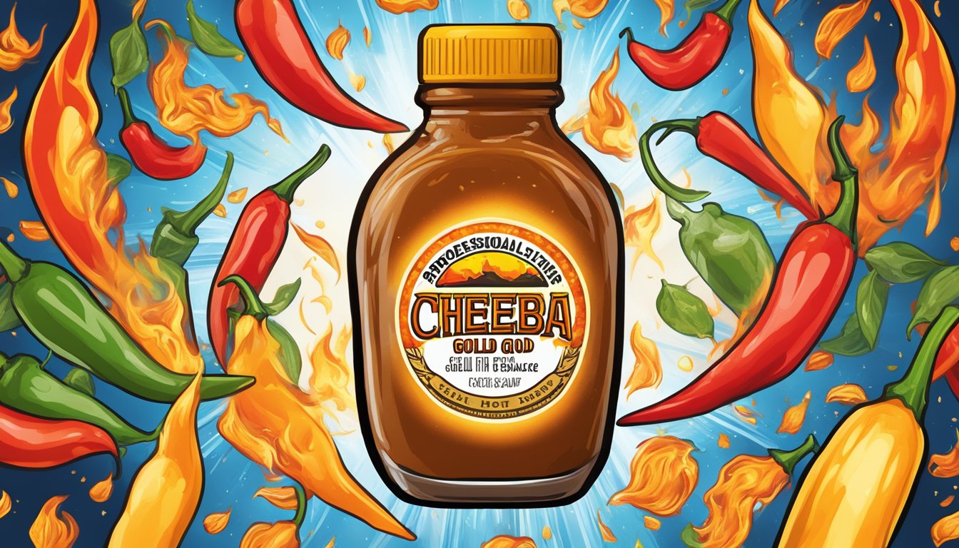 A bottle of Cheeba Gold hot sauce surrounded by vibrant chili peppers and fiery flames