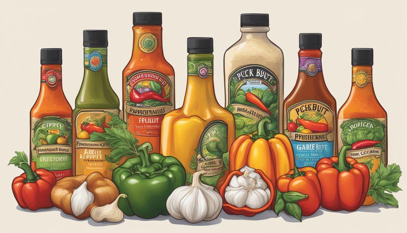 A variety of fresh and colorful ingredients arranged around a bottle of Puckerbutt Pepper Company hot sauce, including peppers, garlic, and vinegar