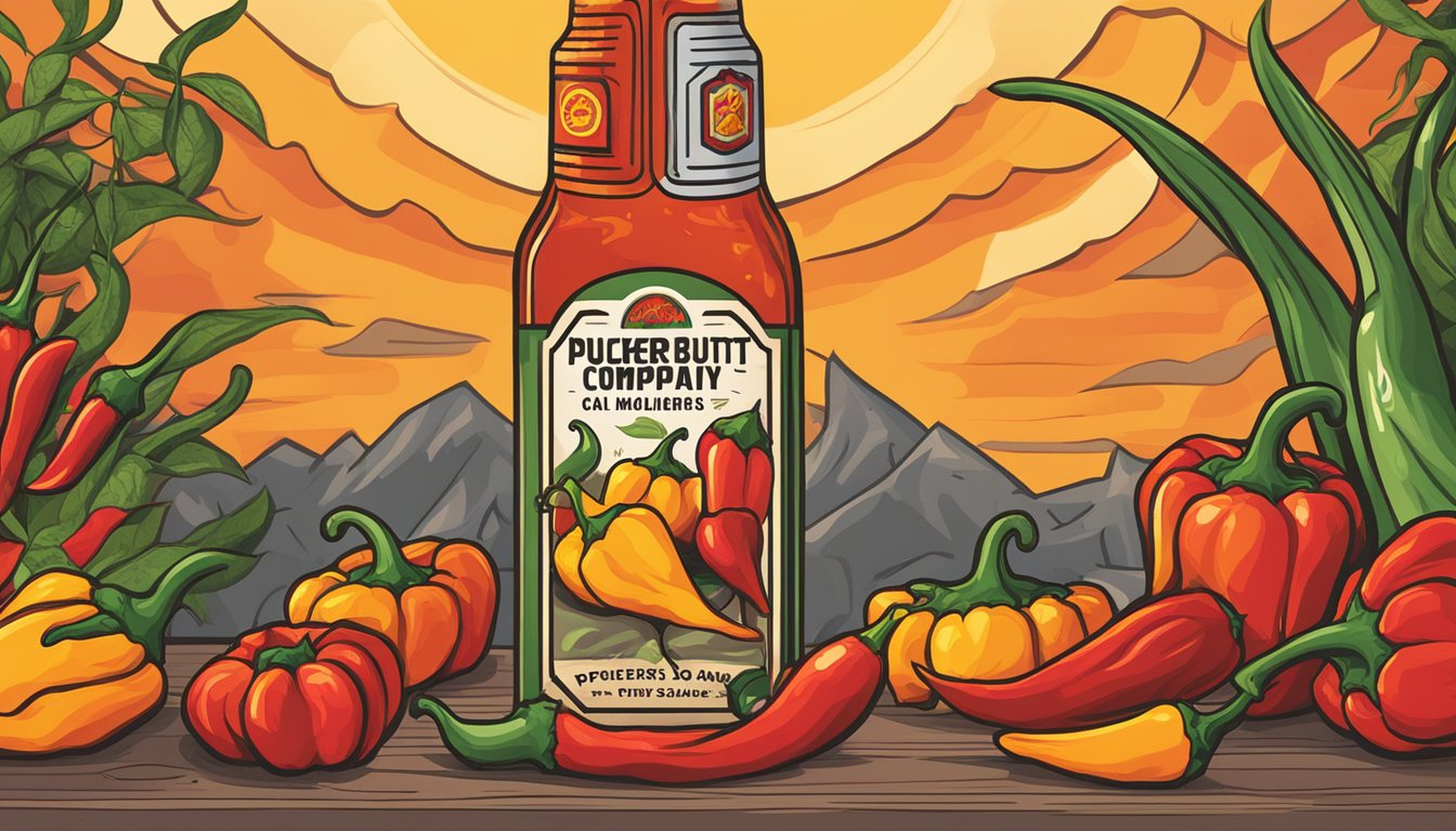 A bottle of Puckerbutt Pepper Company hot sauce sits on a table, surrounded by vibrant chili peppers and flames