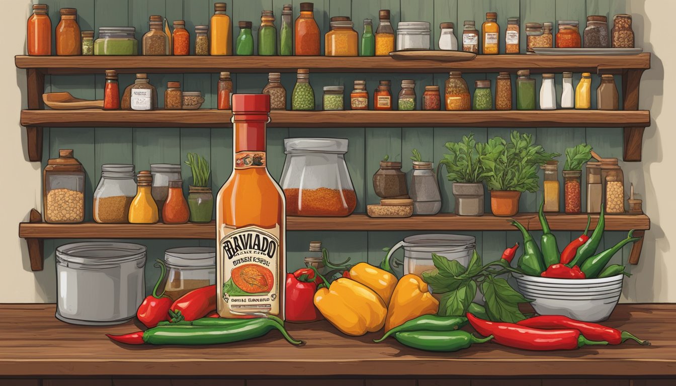 A rustic kitchen with shelves lined with bottles of Bravado Spice Co hot sauce, surrounded by fresh chili peppers and other ingredients