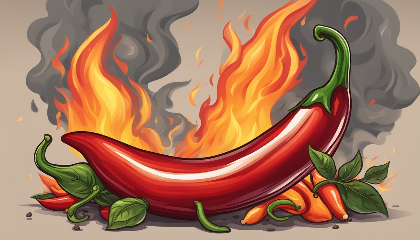 A fiery chili pepper surrounded by flames and smoke