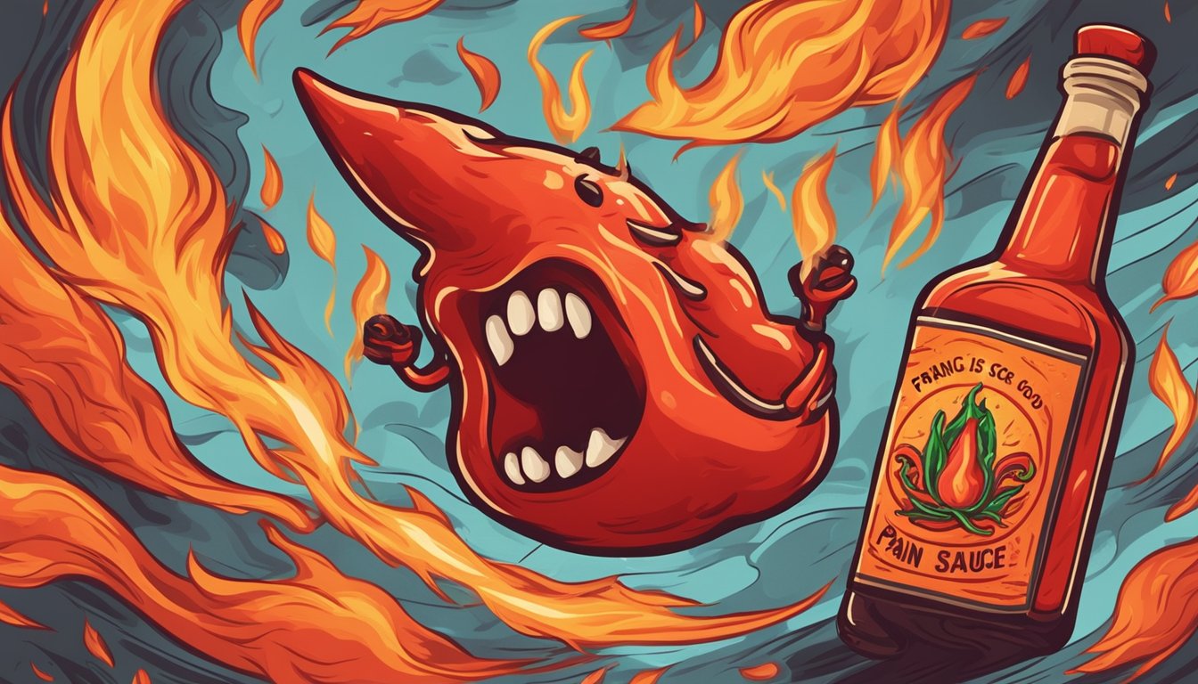 A fiery red chili pepper surrounded by flames and smoke, with a bottle of Pain is Good hot sauce in the background