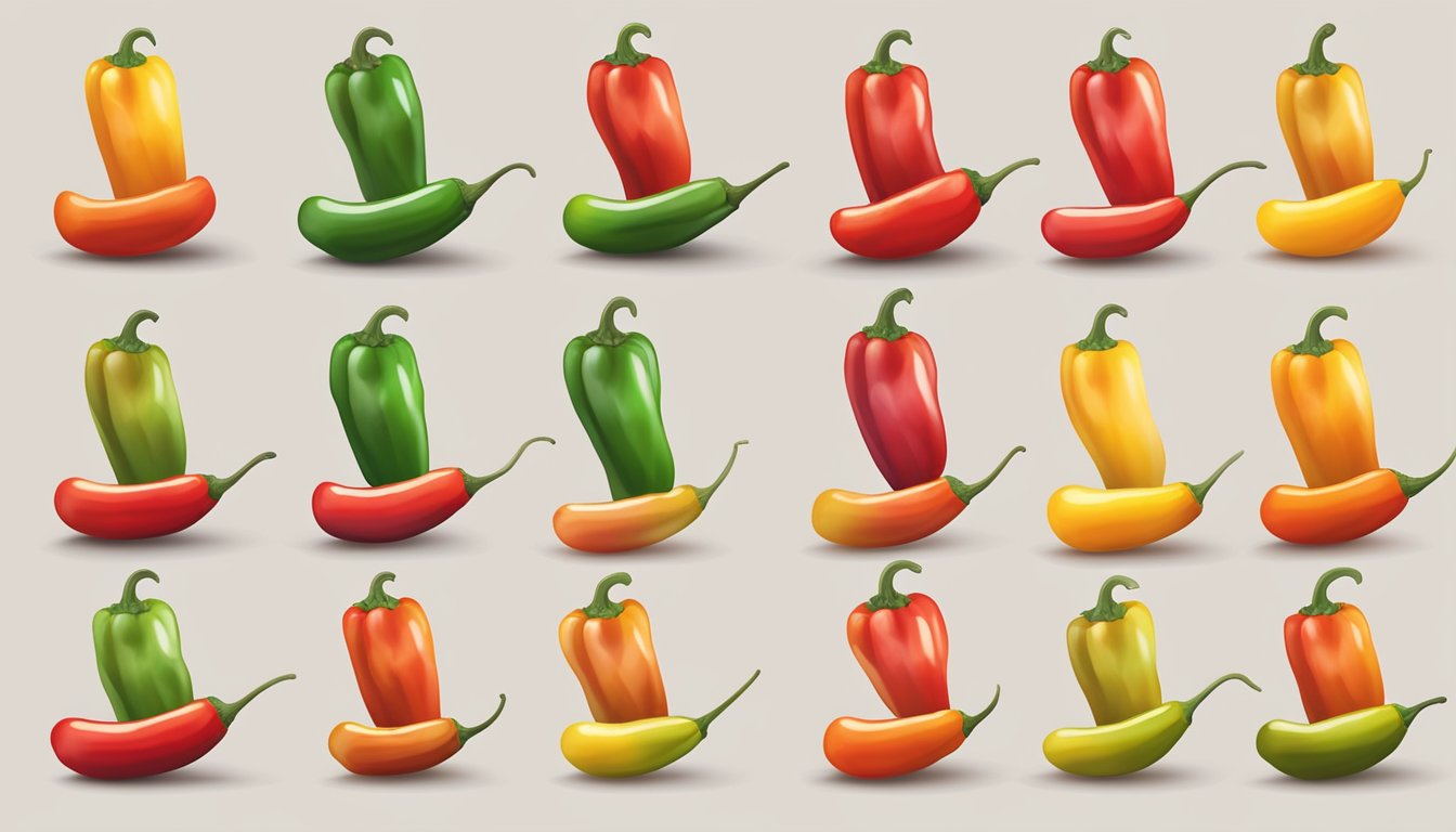 A variety of hot peppers arranged in a gradient from mild to extremely spicy, with corresponding SHU ratings displayed next to each pepper