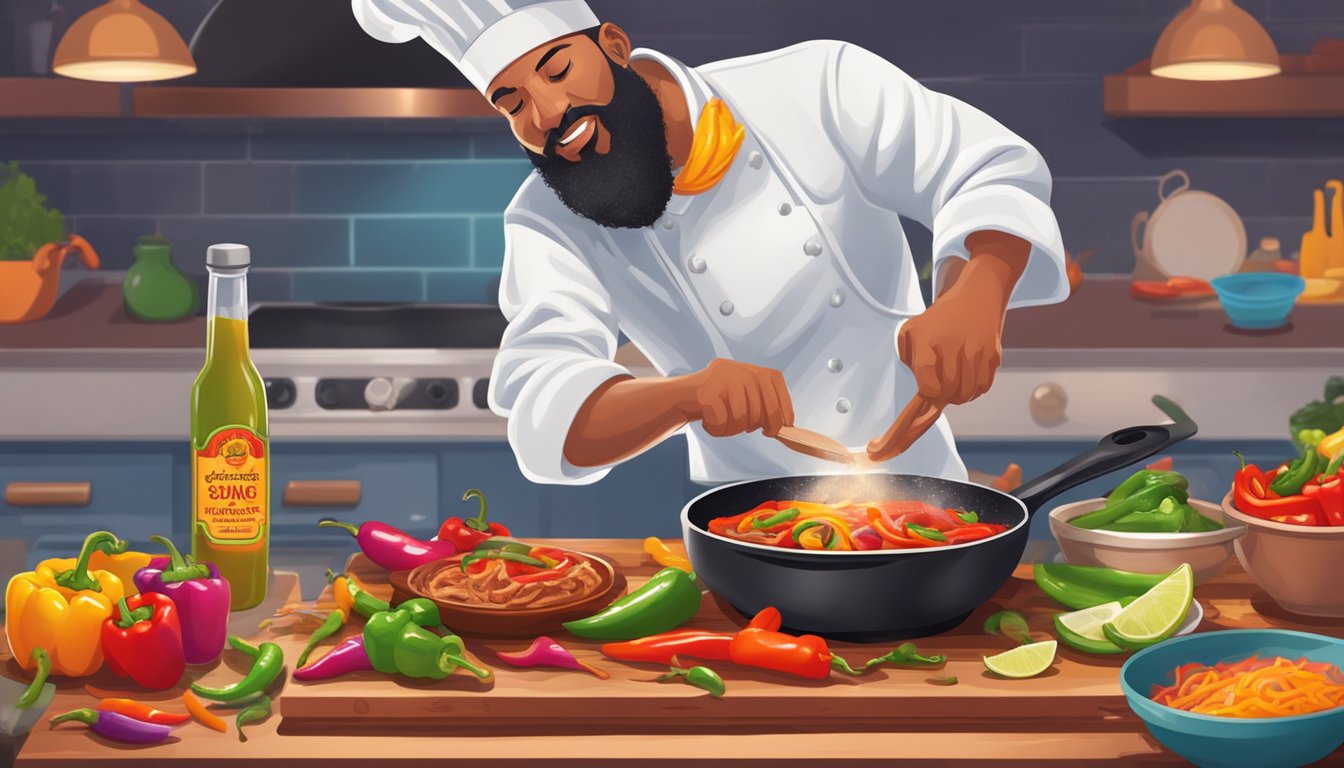 A chef drizzles Pain is Good hot sauce over a sizzling skillet of fajitas, with colorful peppers and onions cooking in the background