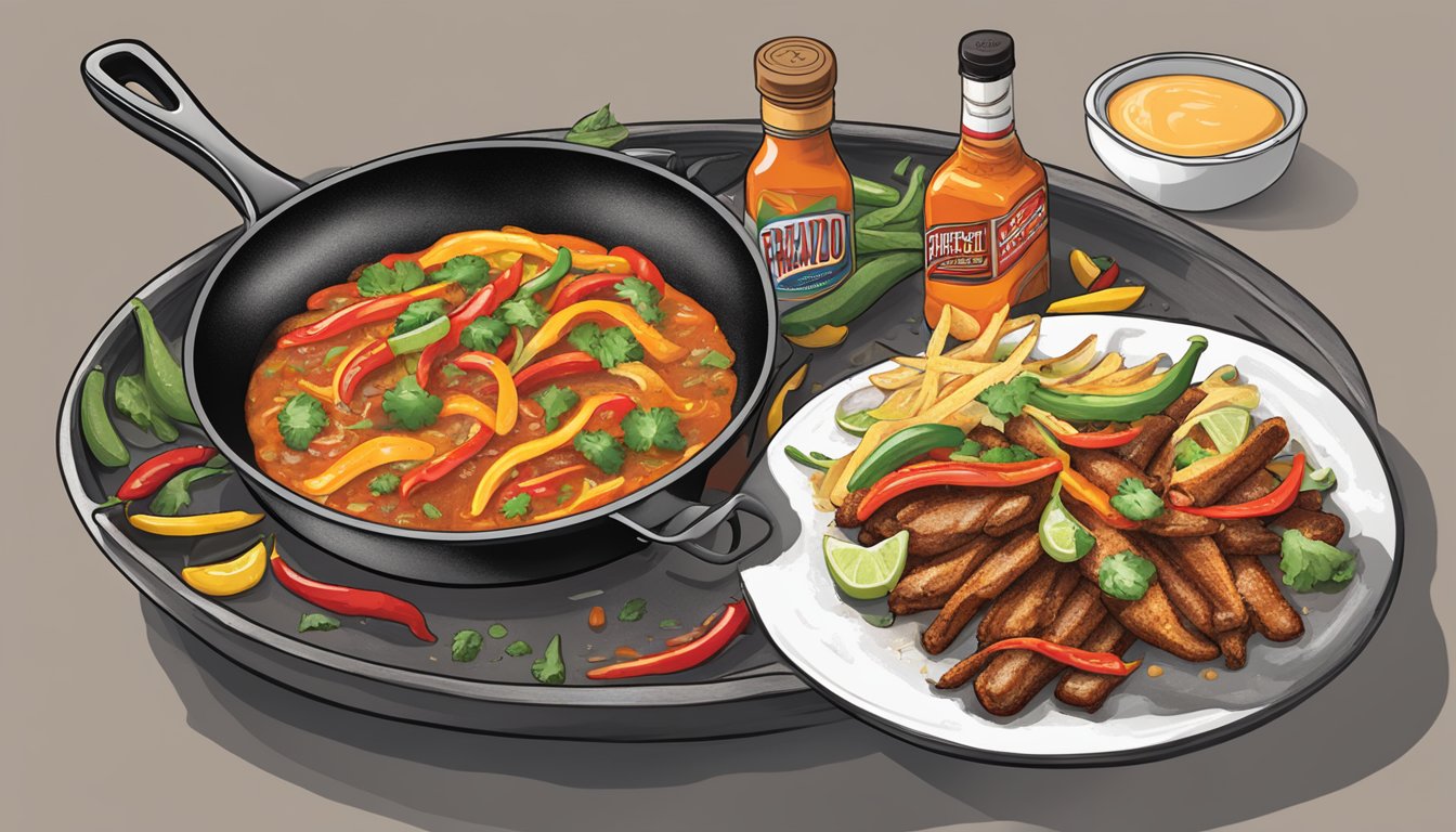 A sizzling skillet with a bottle of Bravado Spice Co. hot sauce dripping over a dish of sizzling fajitas