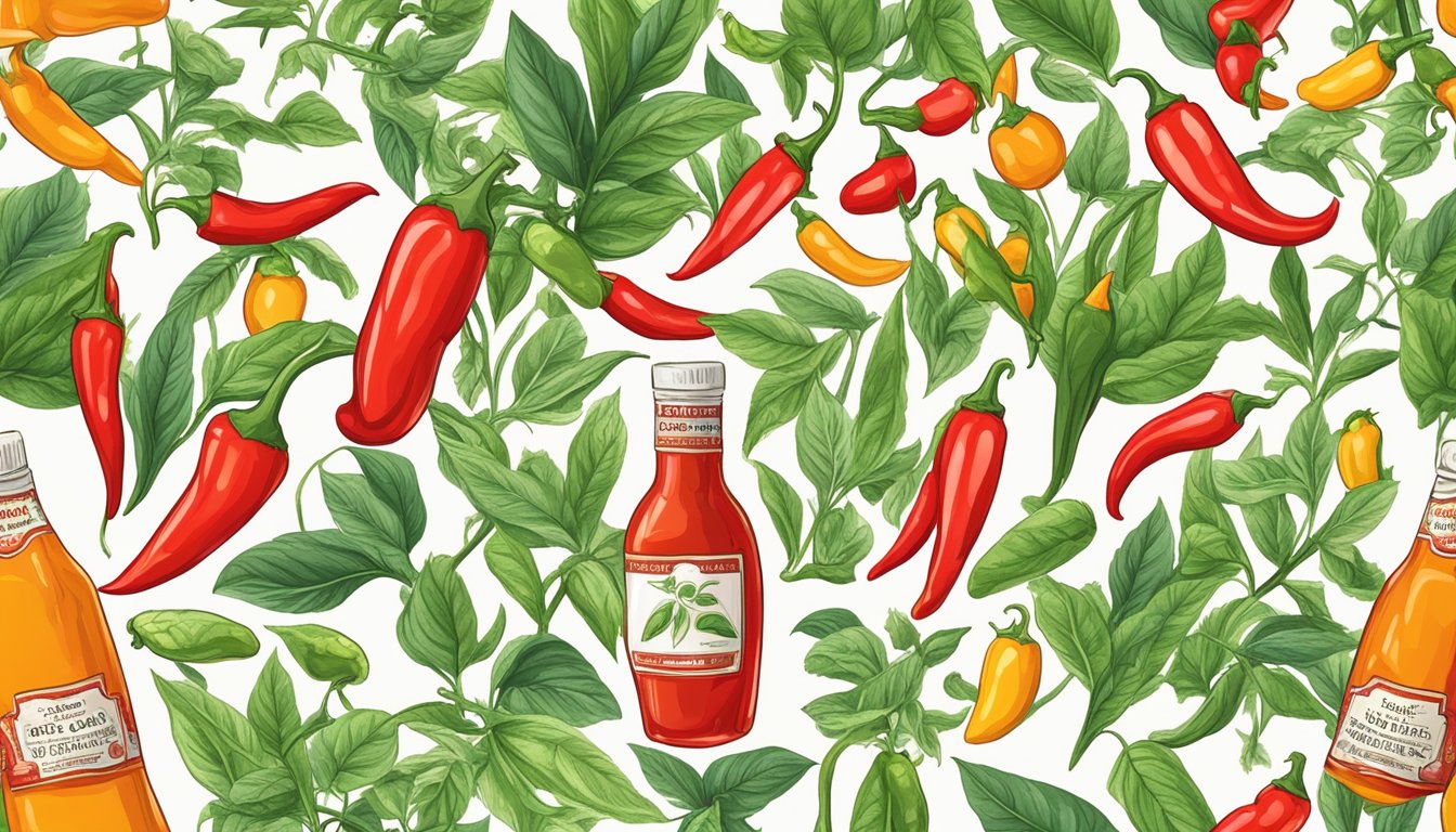 A bottle of hot sauce surrounded by various spicy peppers and chili plants