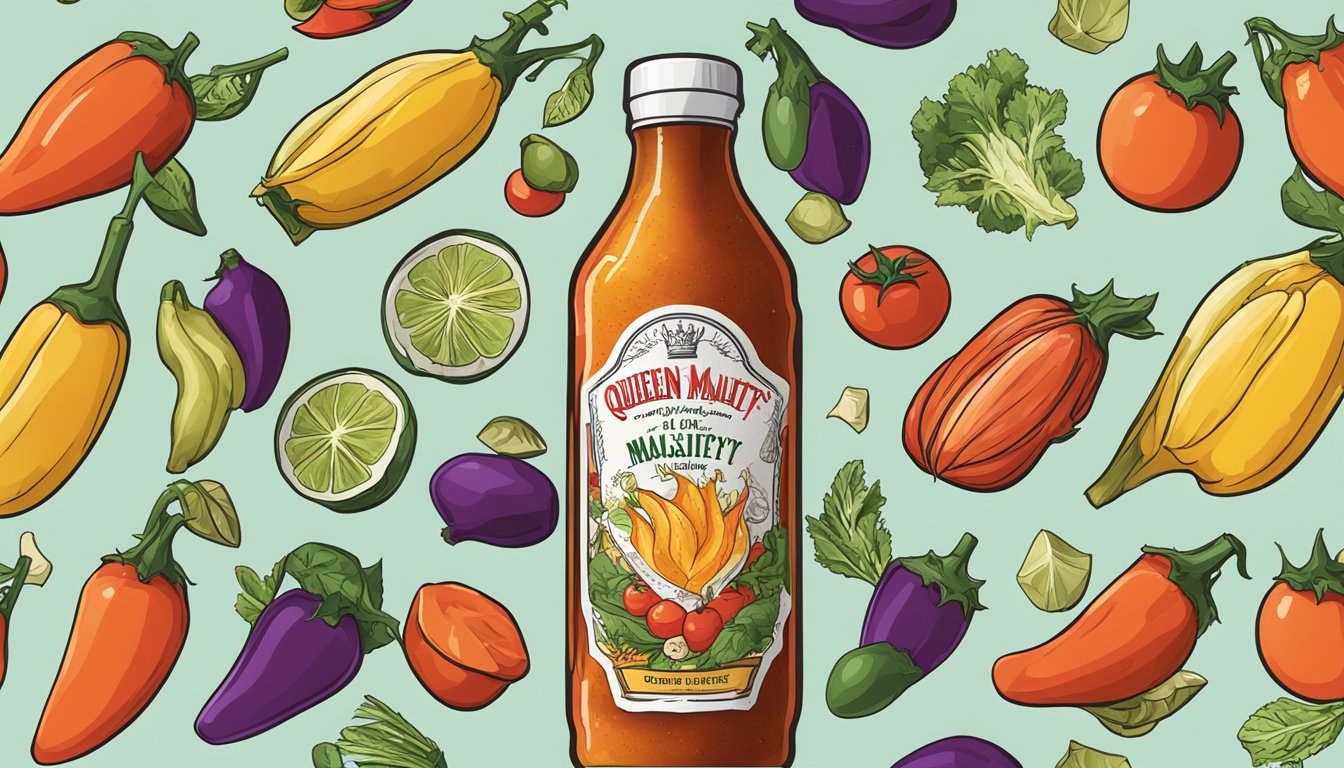 A bottle of Queen Majesty hot sauce surrounded by fresh ingredients and a nutritional label