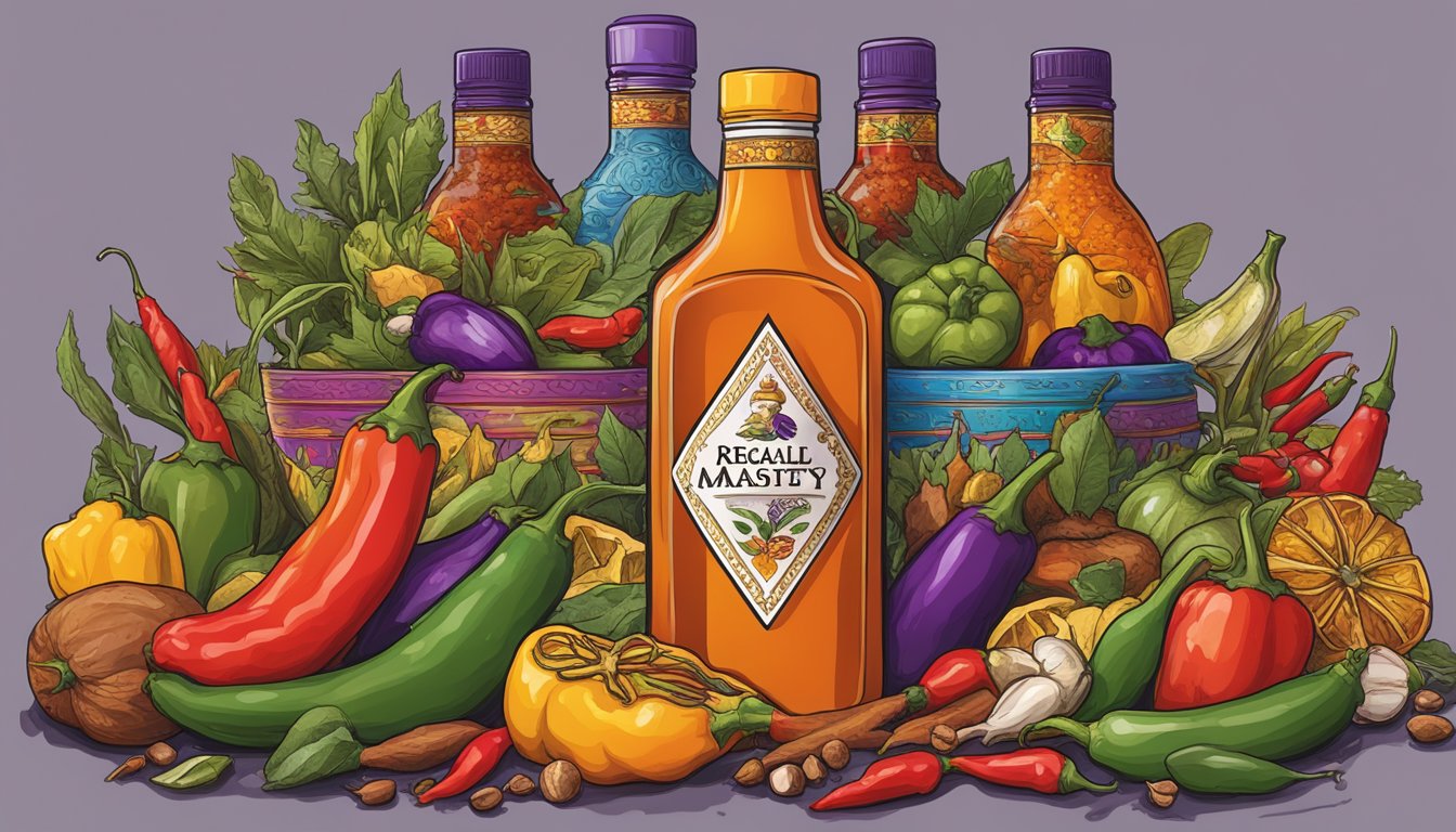 A regal queen majesty hot sauce bottle surrounded by vibrant, exotic spices and peppers in a bustling market