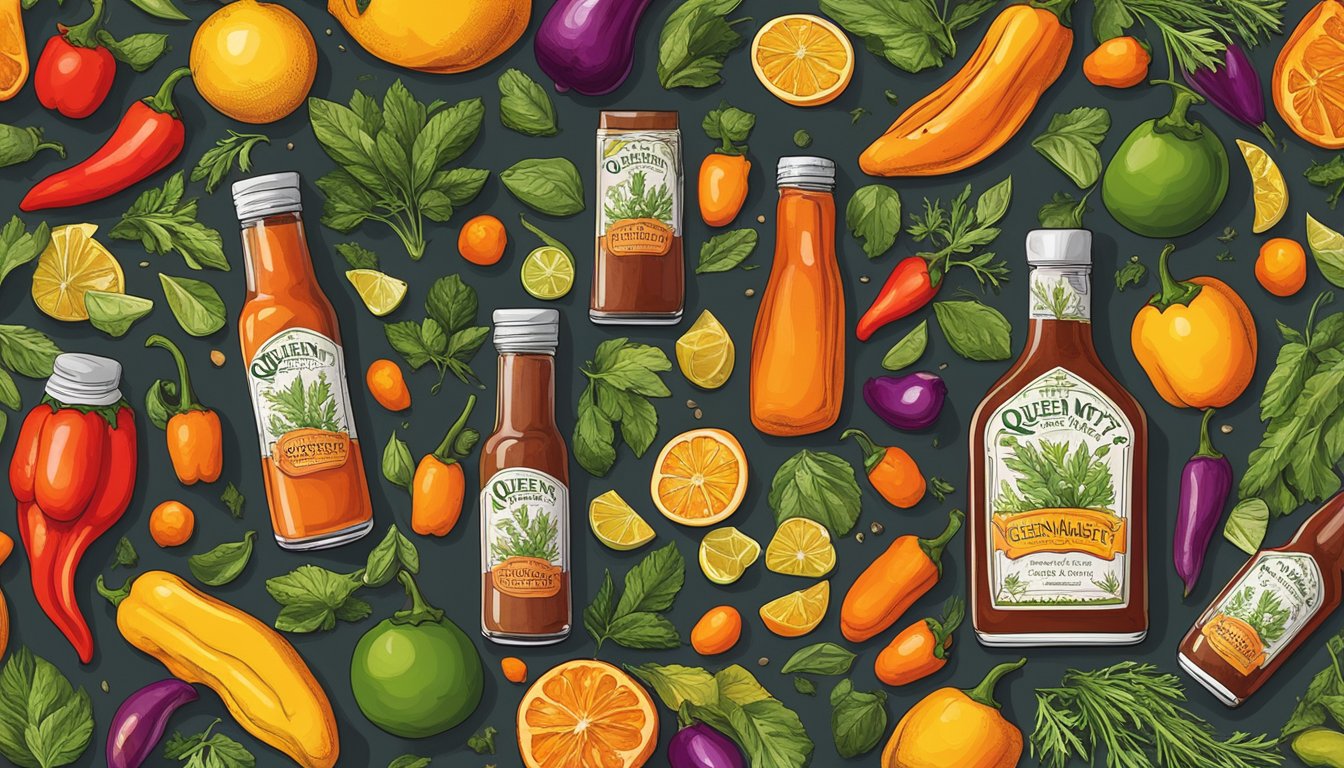 A bottle of Queen Majesty Hot Sauce surrounded by vibrant, fresh ingredients like peppers, citrus, and herbs, ready to be paired with a variety of dishes