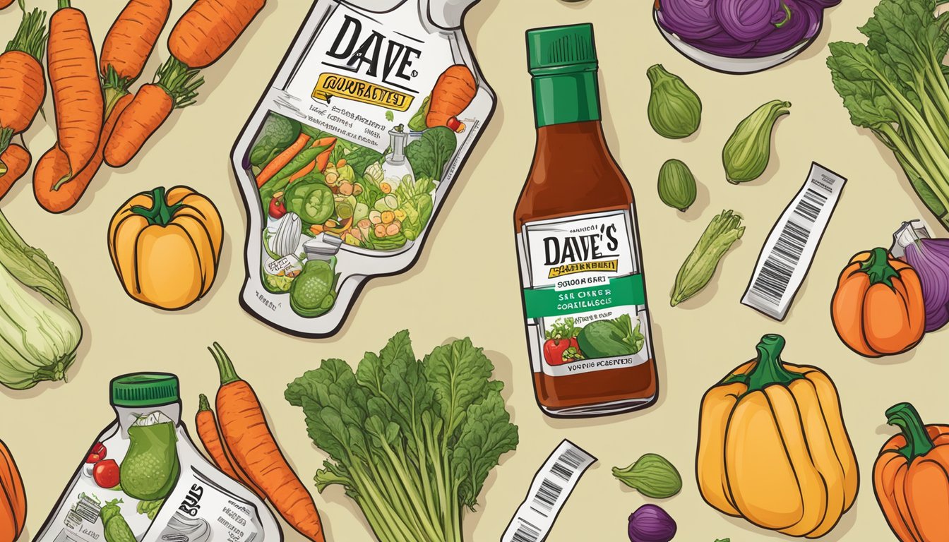 A bottle of Dave's Gourmet Hot Sauce surrounded by fresh vegetables and a nutrition label