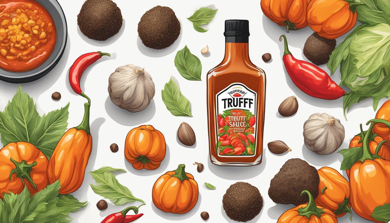 A bottle of Truff hot sauce surrounded by fresh truffles, chili peppers, and garlic, emitting a bold and savory aroma