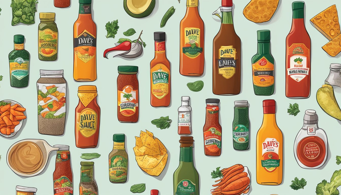 A bottle of Dave's Gourmet Hot Sauce surrounded by various food pairings on a kitchen counter