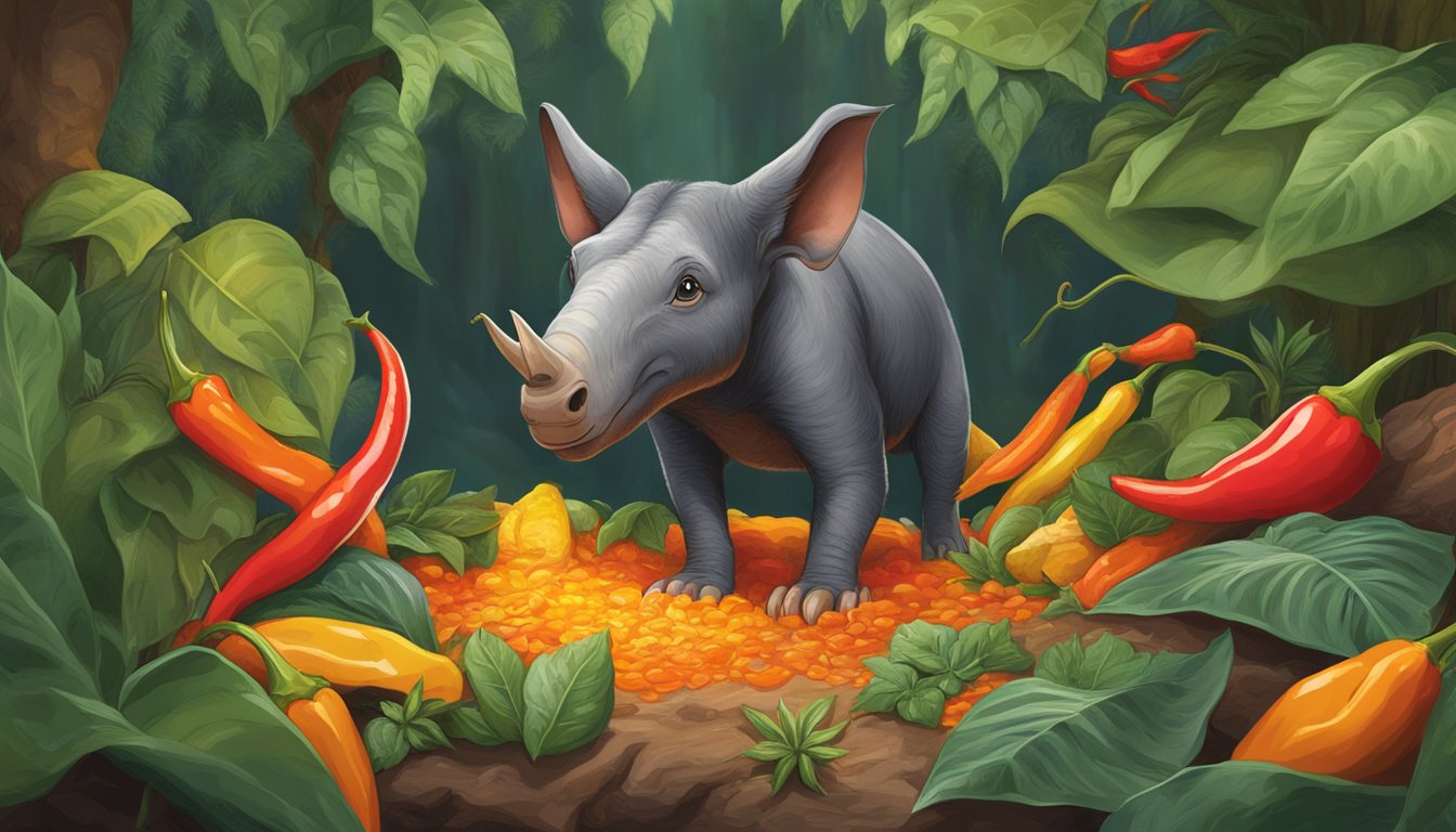 Aardvark in a hidden jungle cave, surrounded by exotic peppers and mysterious ingredients, brewing a fiery hot sauce