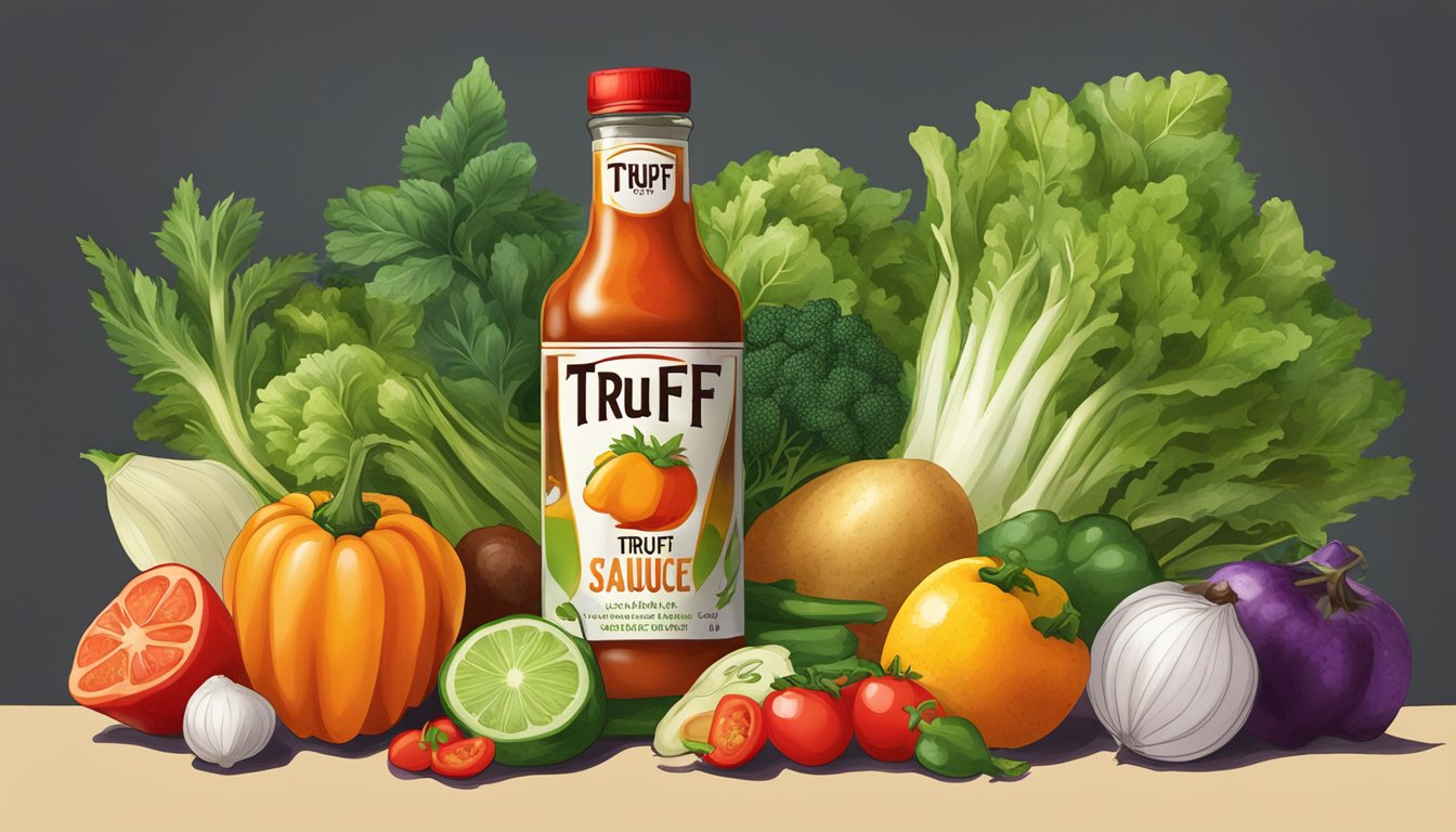 A bottle of Truff hot sauce surrounded by fresh vegetables and fruits