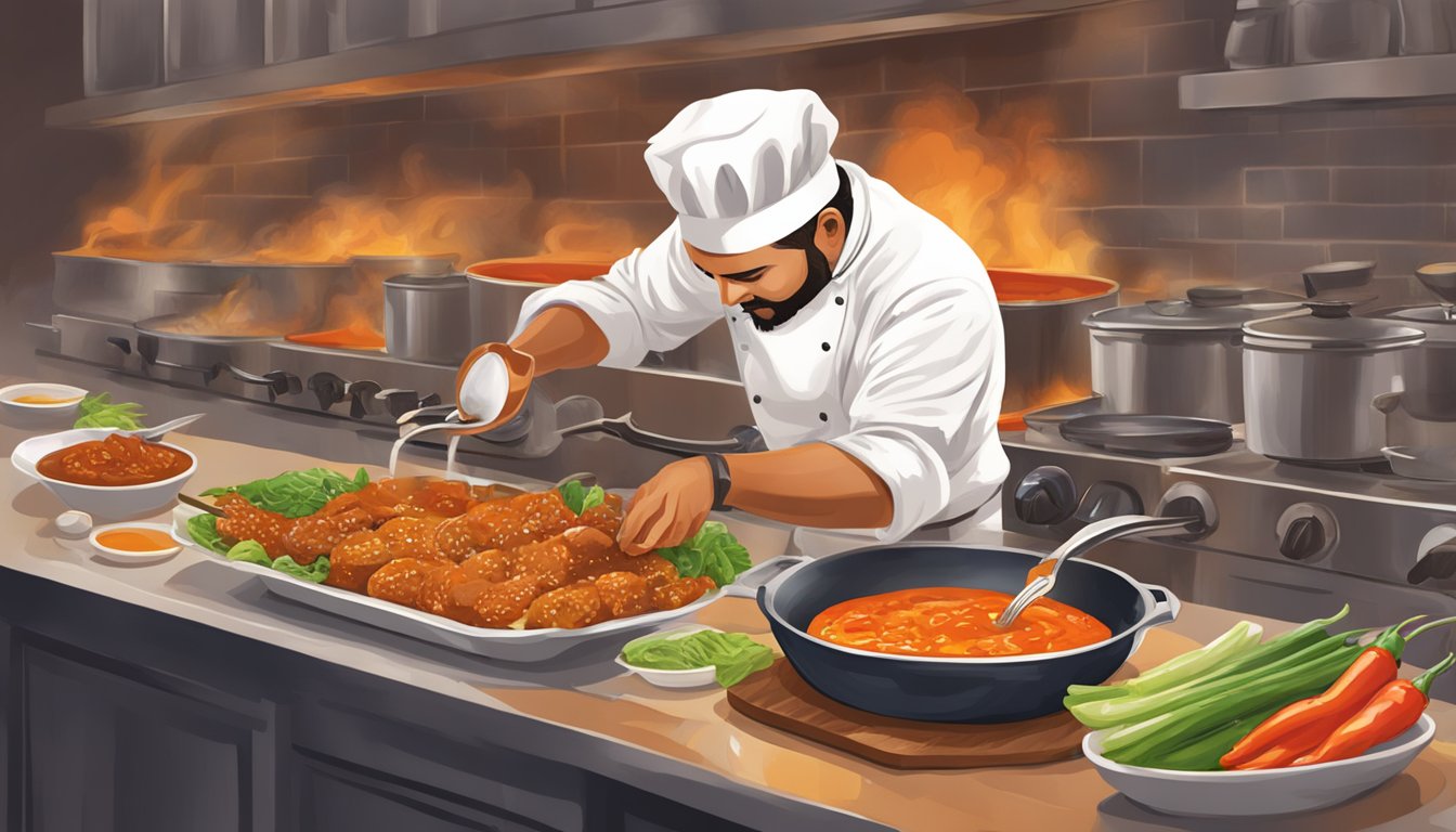 A chef drizzling truff hot sauce over a sizzling dish