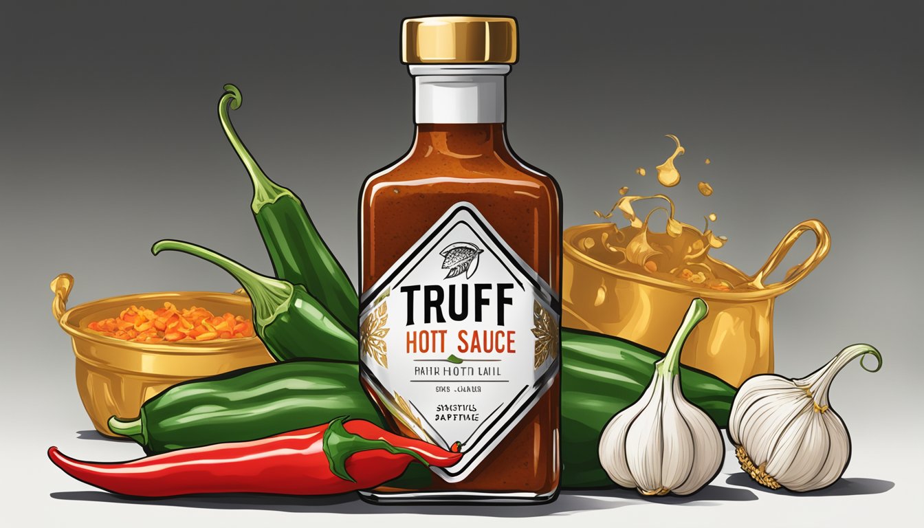 A bottle of truff hot sauce sits on a sleek, black box with gold accents, surrounded by fresh chili peppers and garlic cloves