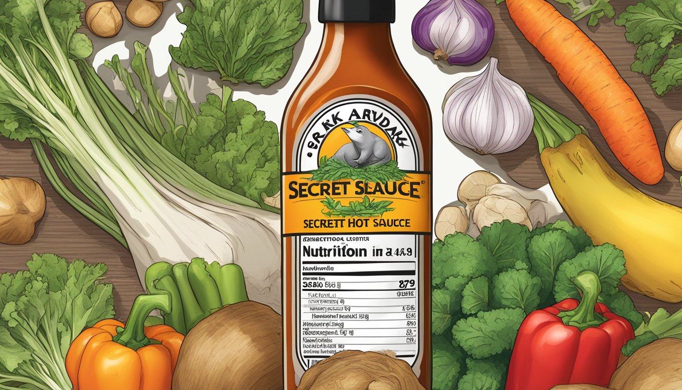 A bottle of Secret Aardvark hot sauce surrounded by fresh vegetables and a nutrition label