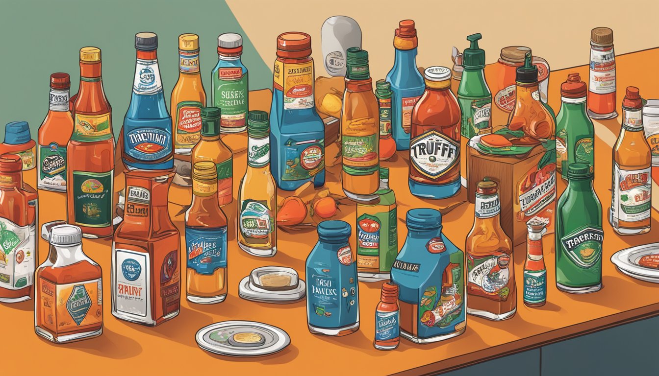 A table with various hot sauce bottles, including Truff, surrounded by brands and logos