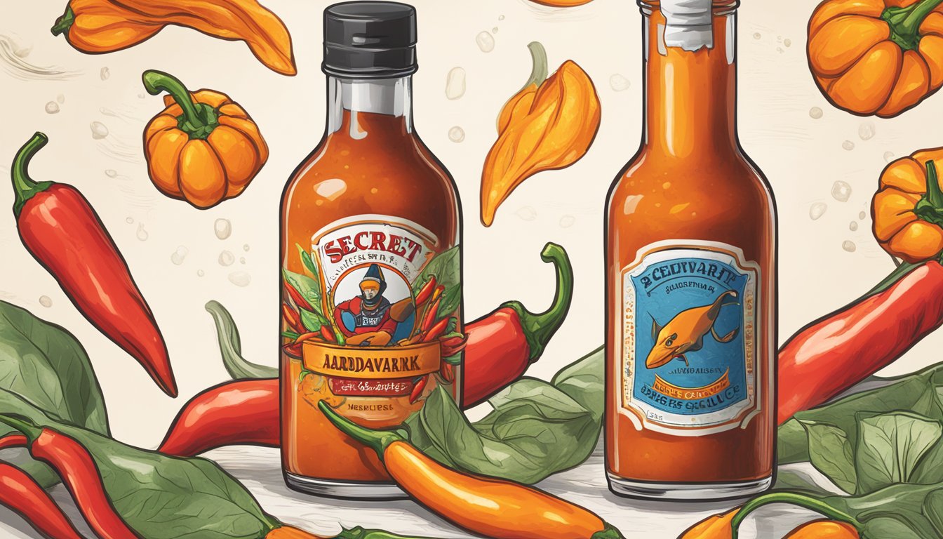 A bottle of Secret Aardvark hot sauce surrounded by fiery red and orange chili peppers, with steam rising from the bottle