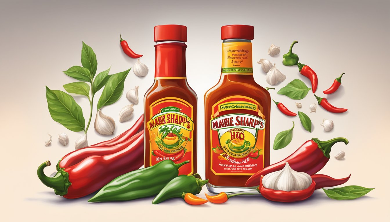 A bottle of Marie Sharp's hot sauce surrounded by vibrant chili peppers and garlic cloves. The fiery red sauce exudes a spicy and tangy aroma