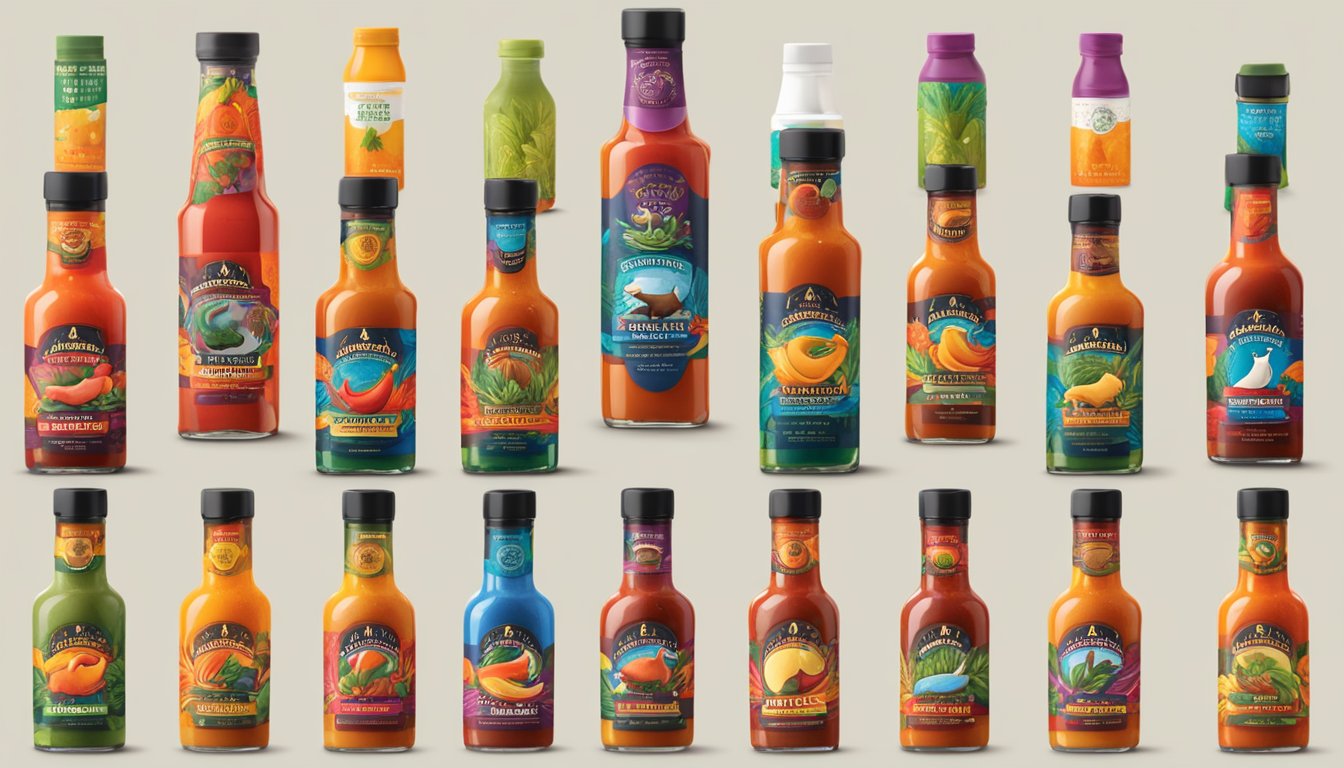 Aardvark hot sauce bottles displayed in a variety of new flavors and packaging, surrounded by vibrant ingredients and innovative product concepts