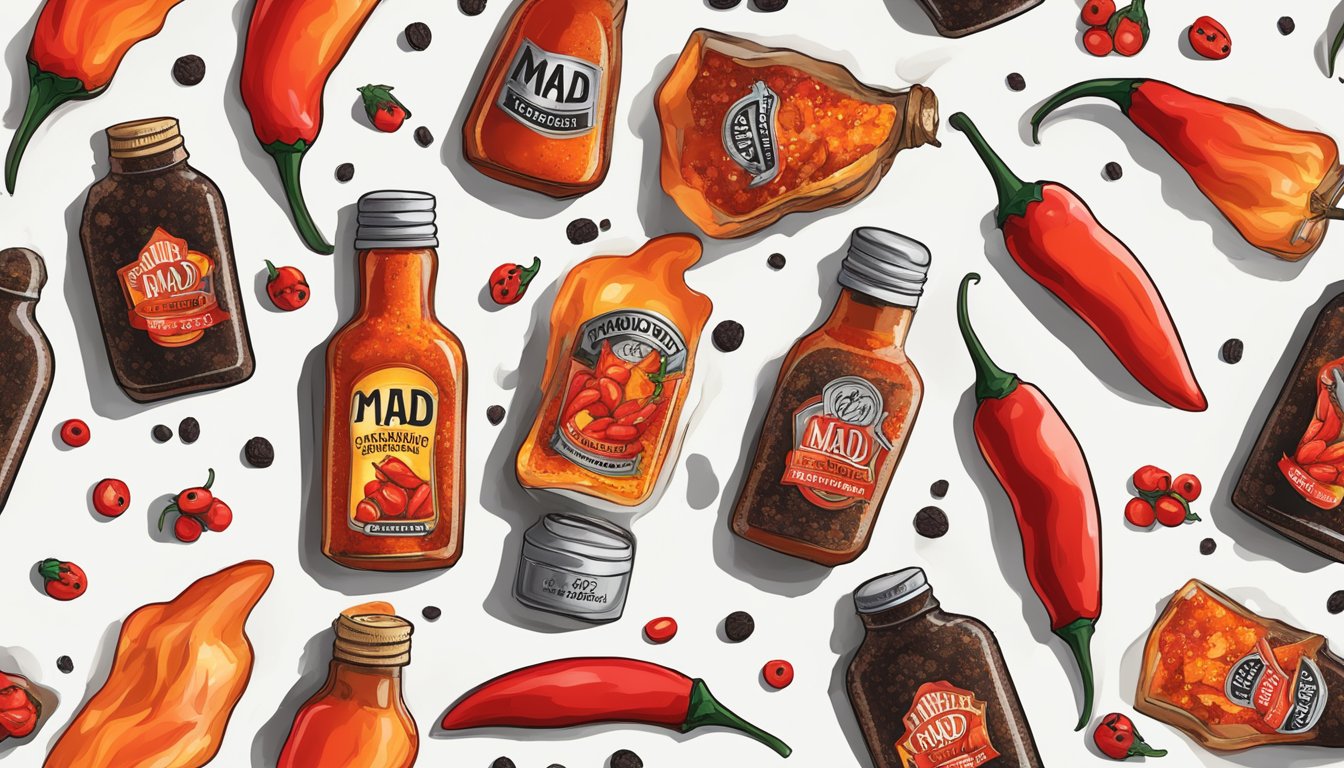 A bottle of Mad Dog 357 hot sauce surrounded by fiery red chili peppers and smoky black peppercorns