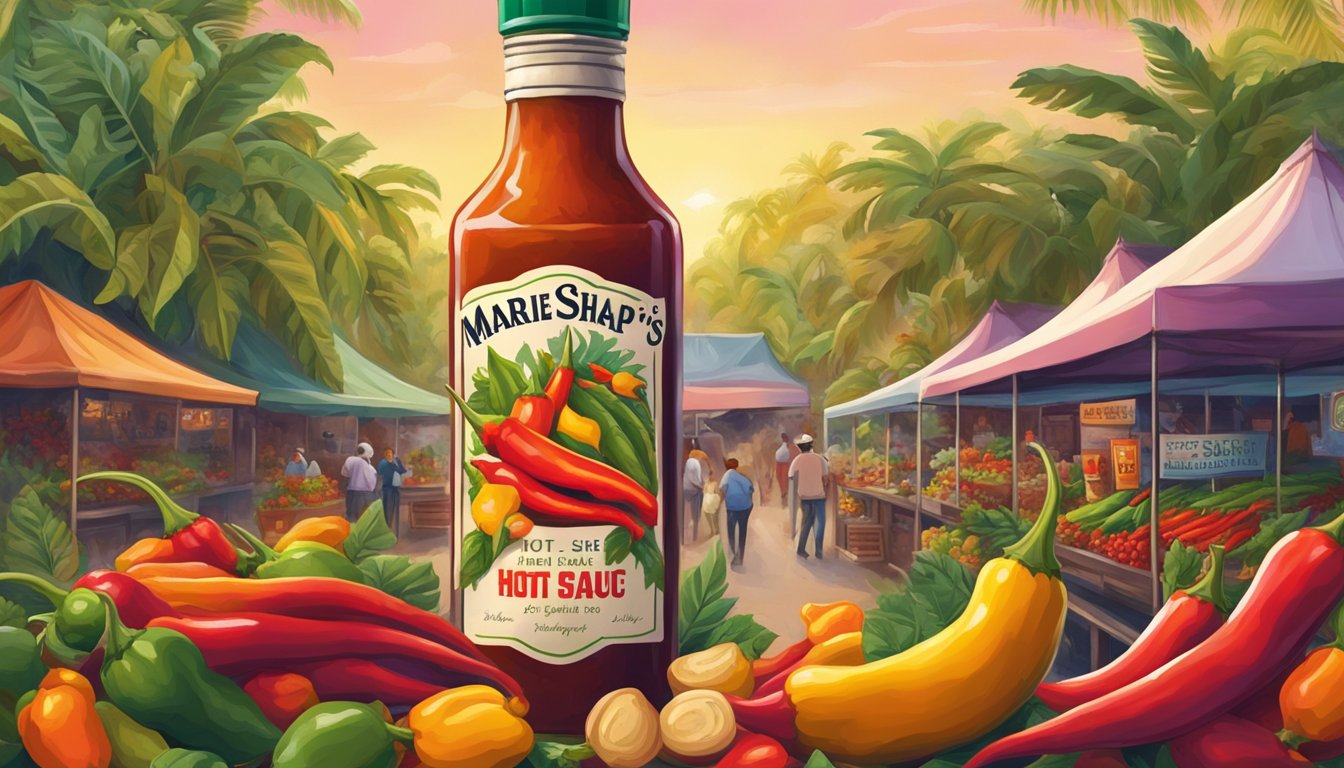 A bottle of Marie Sharp's hot sauce surrounded by vibrant chili peppers and tropical foliage, with a backdrop of a bustling market