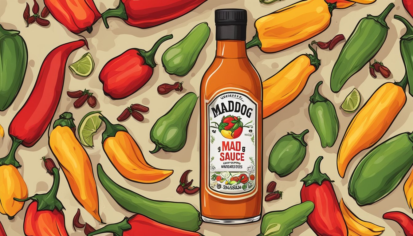 A bottle of Mad Dog 357 hot sauce surrounded by spicy peppers and a fiery background