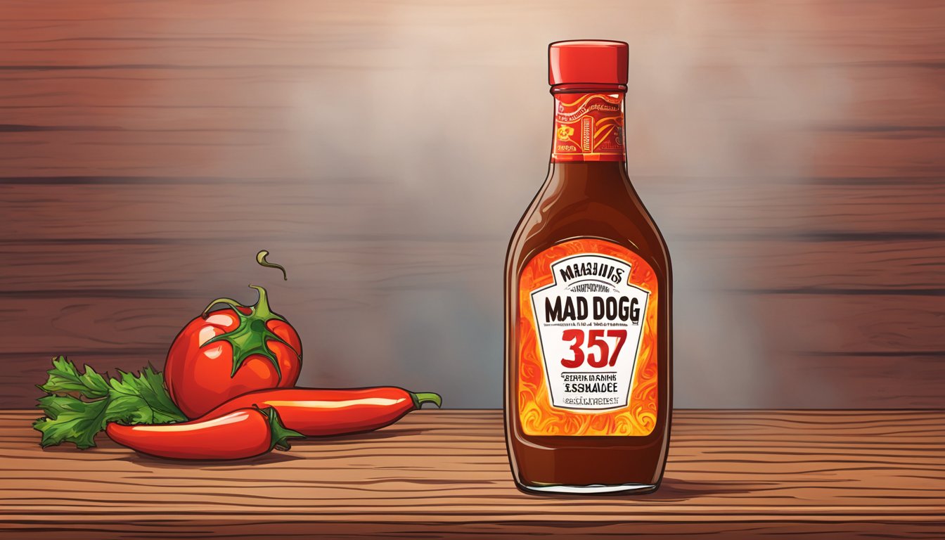 A bottle of mad dog 357 hot sauce on a wooden table with a fiery red background